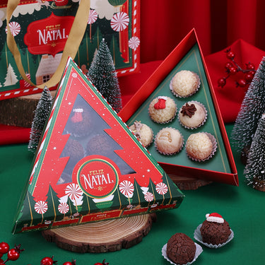 Caja navideña para brigadeiros de 6 cavidades con tapa transparente tema Noche Santa (paquete de 10) Pinheirinho